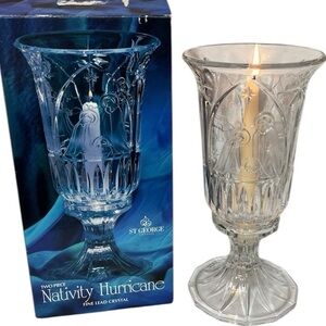 Christmas 24% Lead Crystal Nativity Scene Hurricane Candle Holder. St. George